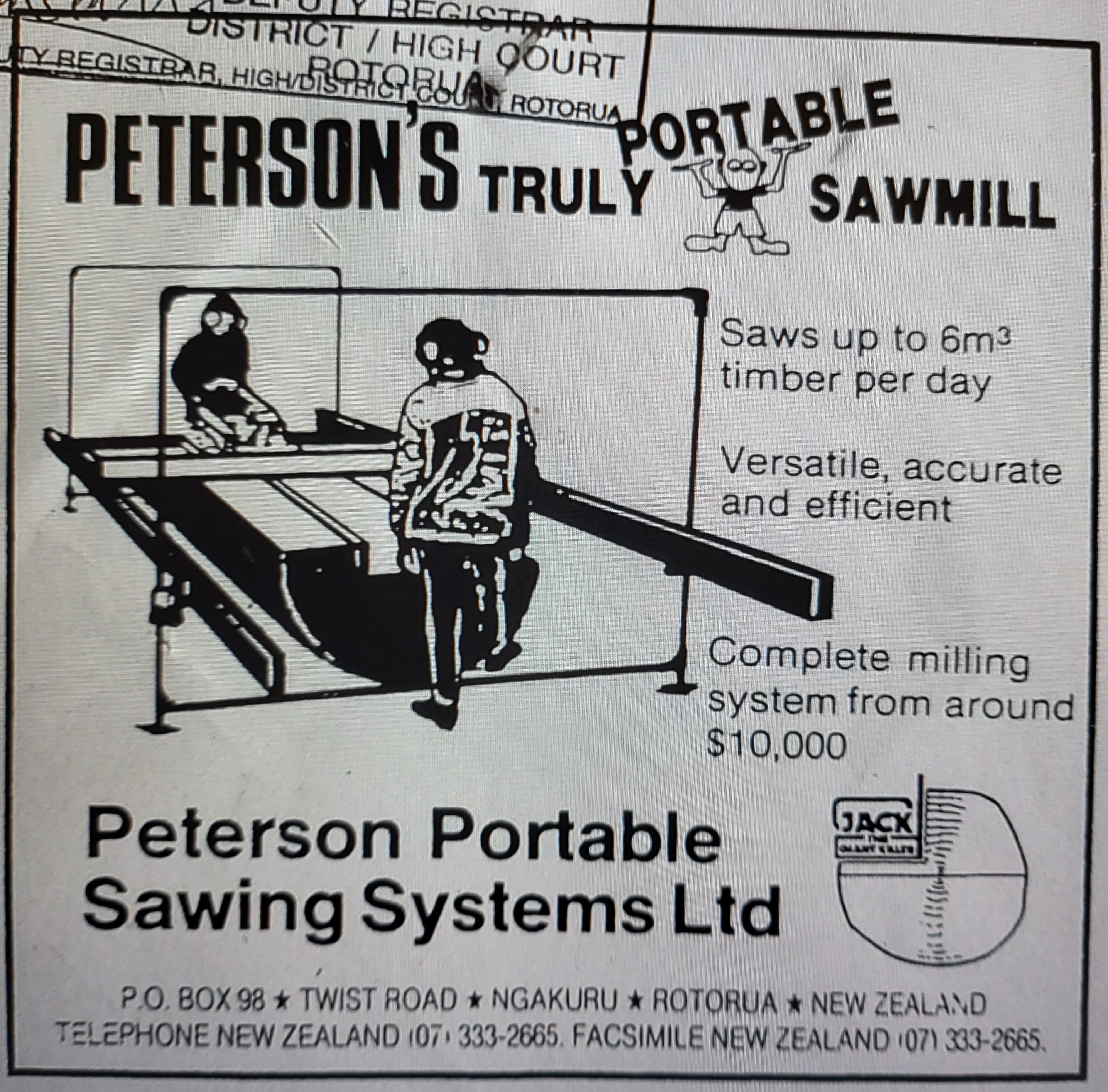 Eine frühe Werbeanzeige für die tragbaren Sägemaschinen von Peterson.