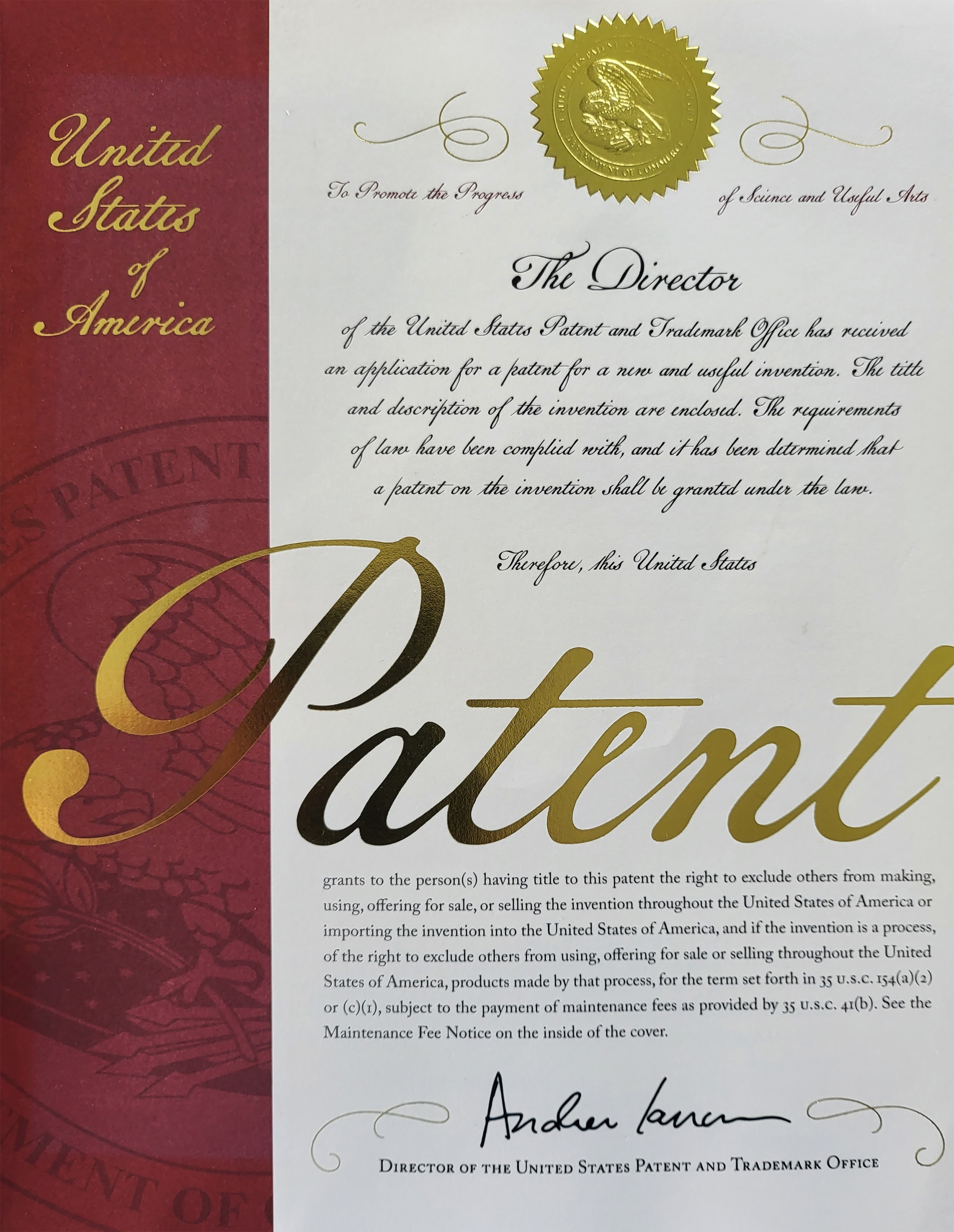 A United States of America patent certificate